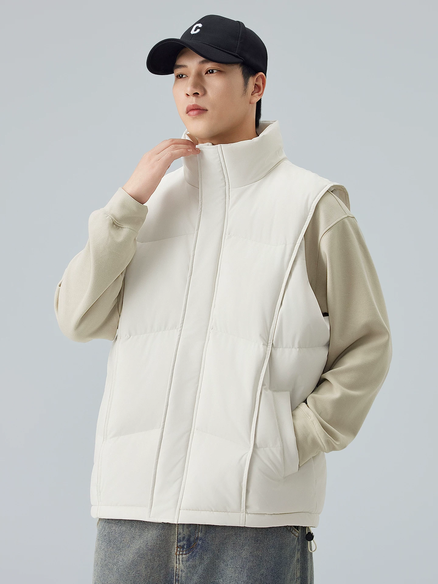 Áo vest cotton cổ đứng OMZM dành cho nam, áo vest dày dặn ấm áp phong cách Mỹ mùa đông, áo khoác đệm màu trơn rộng rãi.
