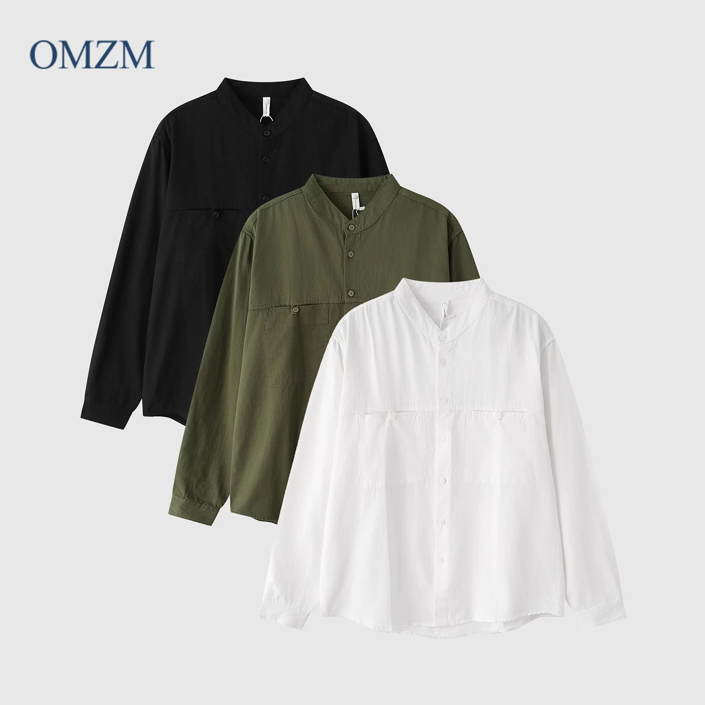 Áo sơ mi công sở cổ đứng bằng cotton nguyên chất OMZM dành cho nam, áo sơ mi dài tay màu trơn mùa xuân thu có túi đôi áo khoác