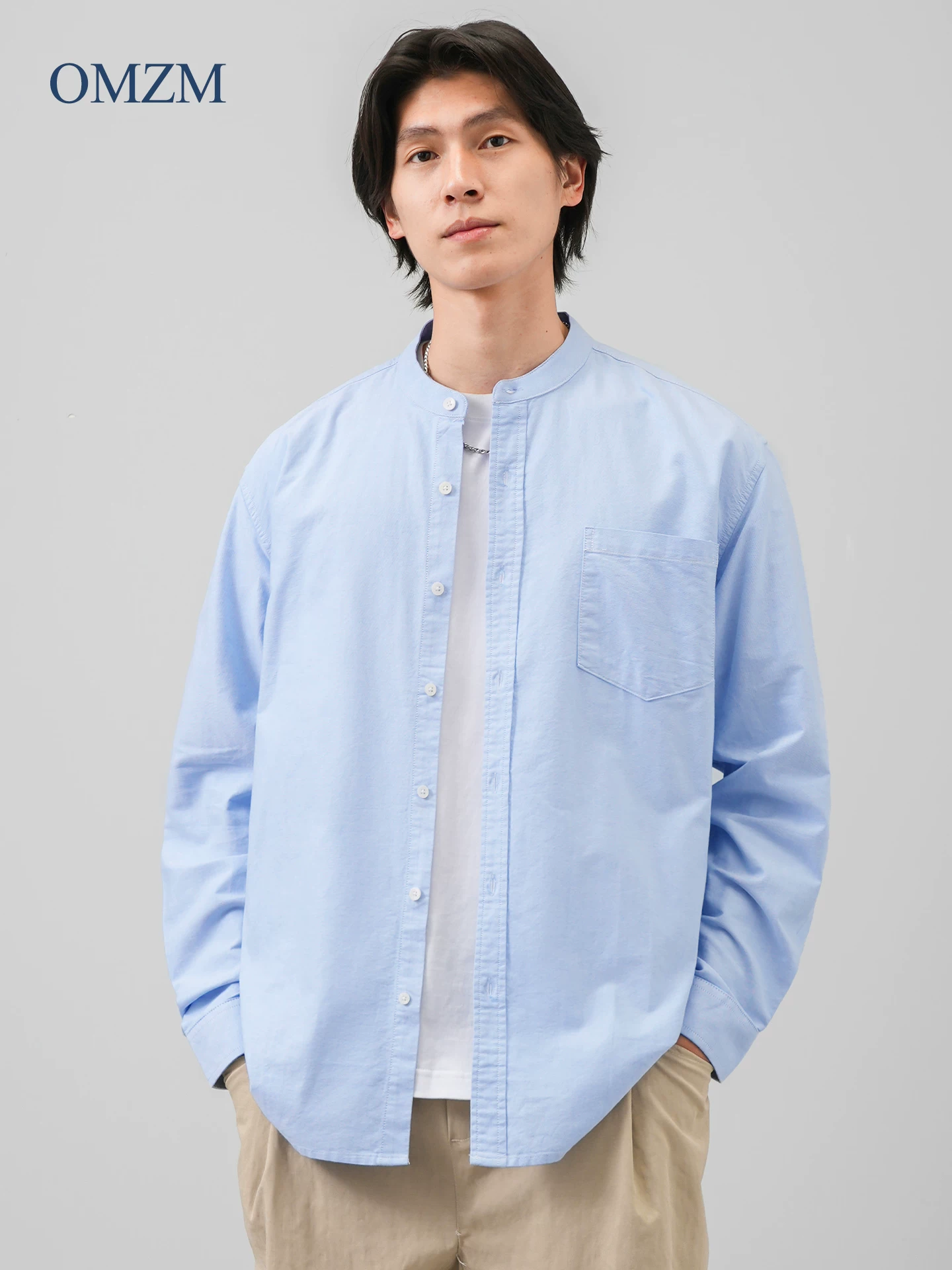 Áo sơ mi dài tay Oxford cotton nguyên chất hạng nặng OMZM dành cho nam, áo sơ mi trắng cổ đứng kiểu Trung Quốc mới mùa thu, áo khoác rộng