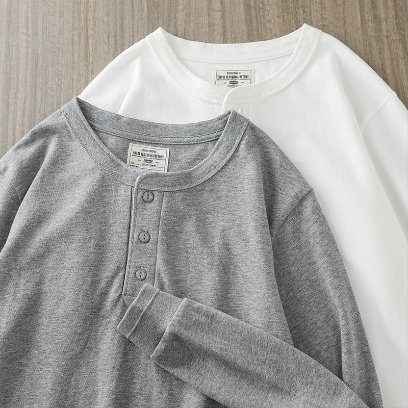 OMZM Áo thun dài tay cổ henley cổ điển kiểu Mỹ 300G dành cho nam, mùa xuân và mùa thu, áo sơ mi cotton nguyên chất Amekaji
