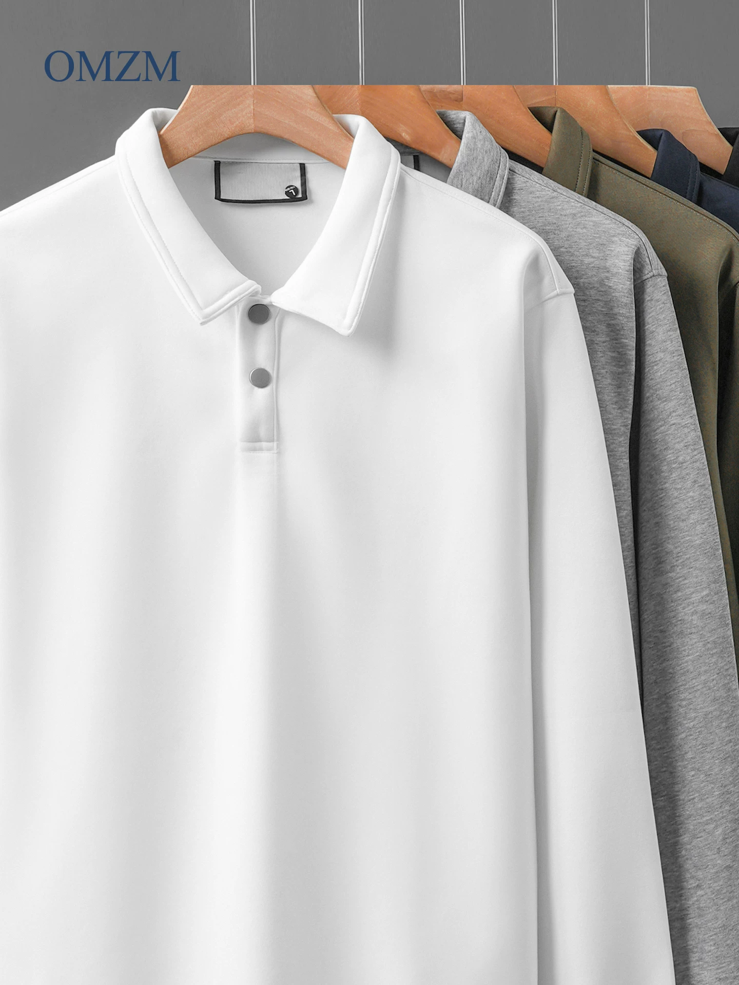 Áo polo nam OMZM300G chất liệu dày dặn, tay dài, kiểu dáng rộng rãi, màu trơn, cổ trụ, phong cách retro Mỹ.