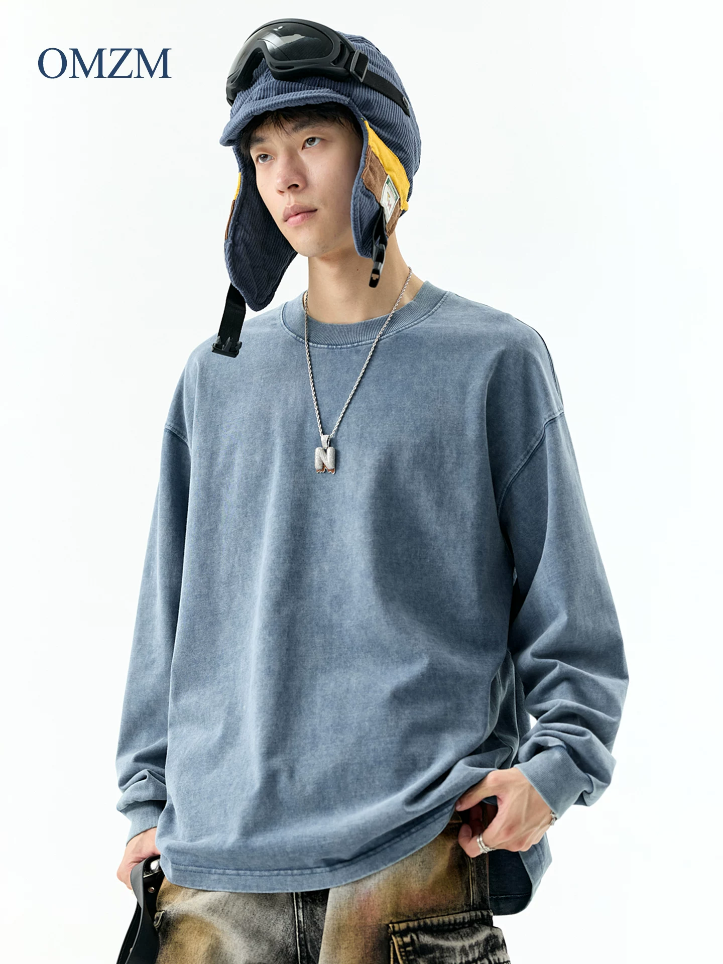 Áo thun nam tay dài chất cotton 100% dày dặn 320G, kiểu dáng cổ tròn rộng rãi, phong cách Mỹ cổ điển, chất liệu vintage đã qua xử lý, thích hợp cho mùa thu.