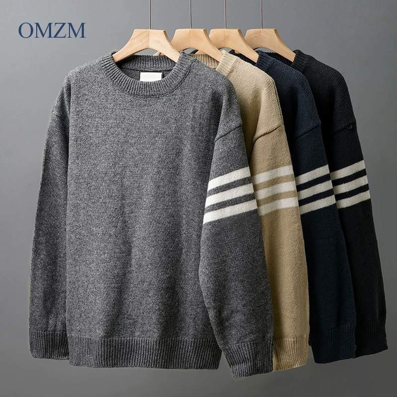 Áo len cổ tròn ba sọc TB dành cho nam, áo len dệt kim dày dặn ấm áp mùa đông, áo len lớp lót dệt kim thô kiểu Mỹ.