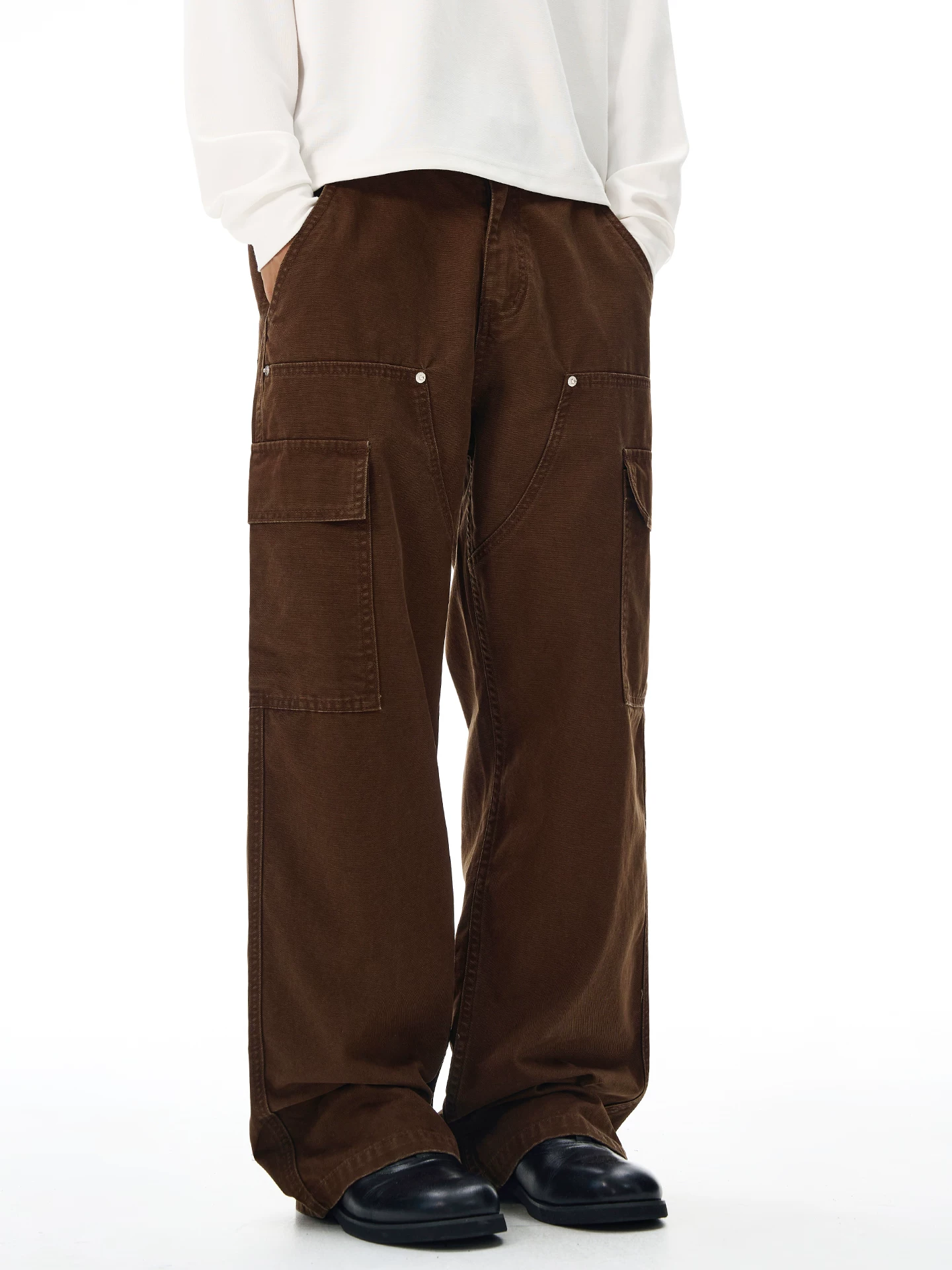 Quần công nhân lâm công kiểu Mỹ OMZM dành cho nam, quần dài ống thẳng dáng rộng màu trơn cổ điển mùa đông có nhiều túi, quần thường ngày