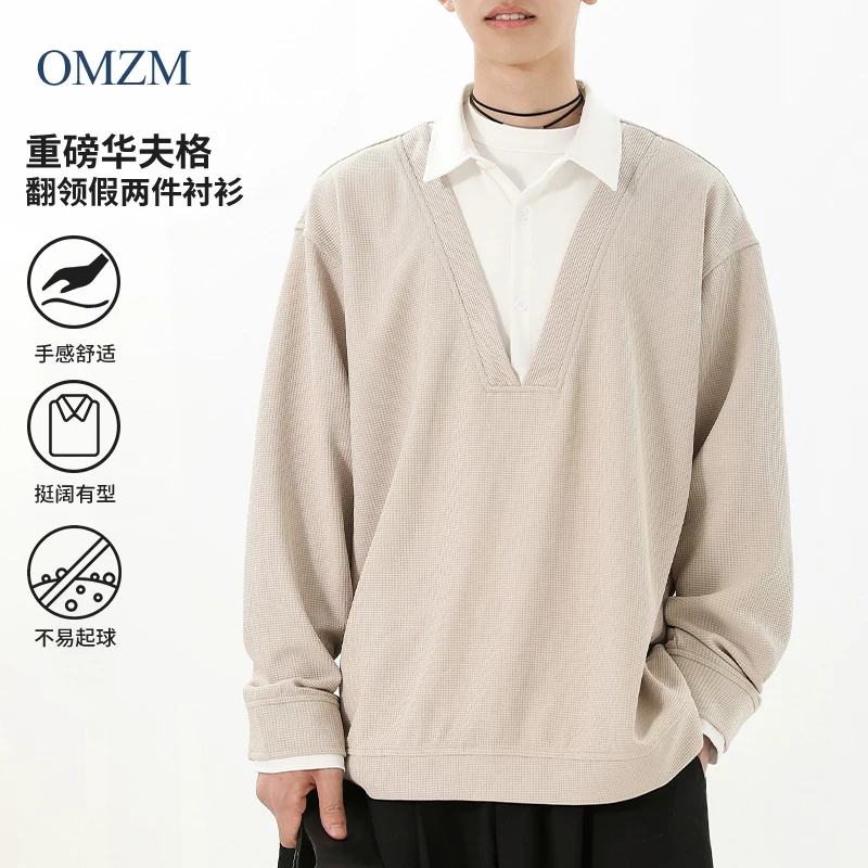 Áo sơ mi POLO dài tay giả hai mảnh kiểu Mỹ dành cho nam, áo chui đầu cổ áo chắp vá mùa xuân, áo len dệt kim cao cấp