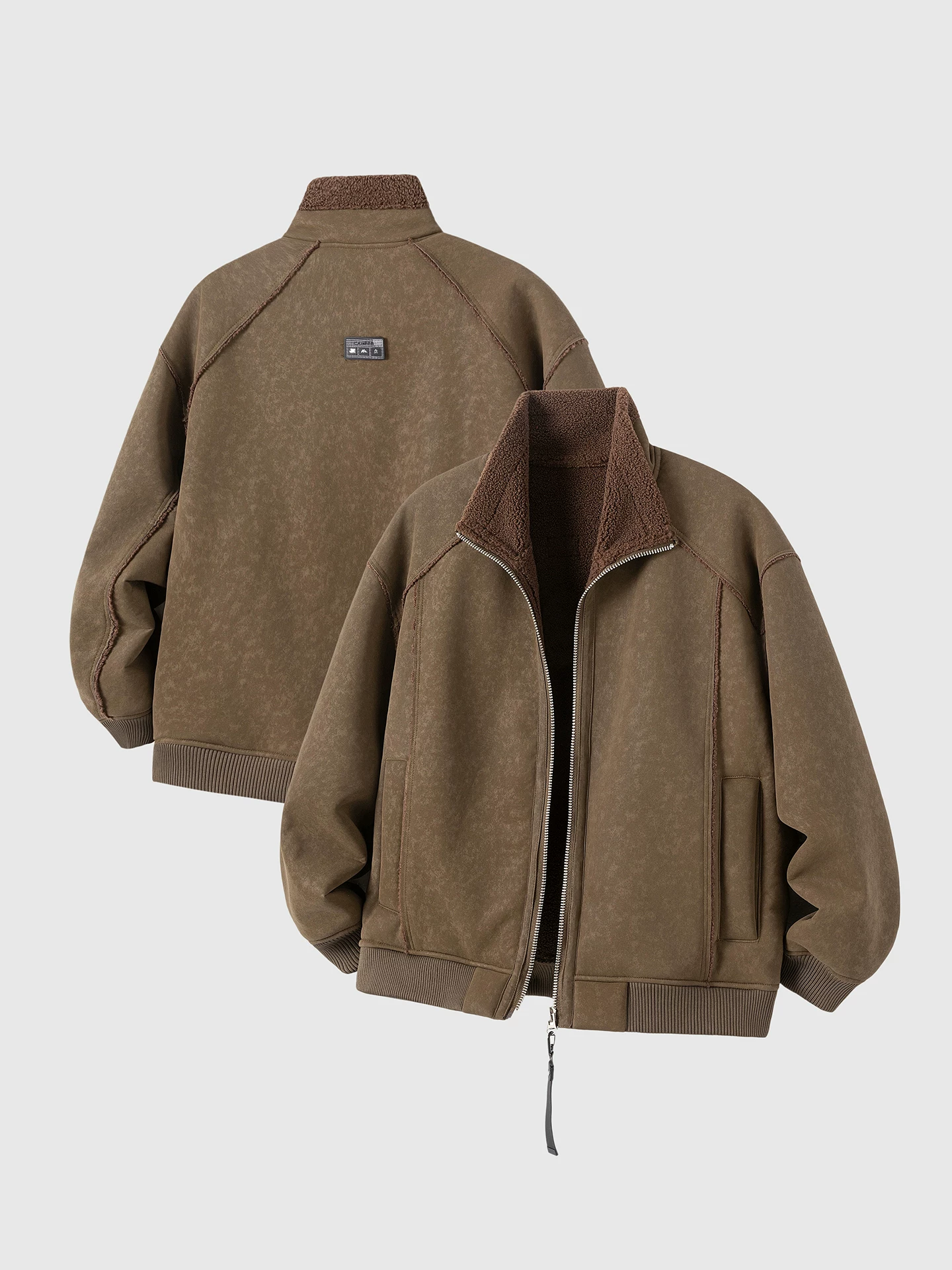 Áo khoác cotton lót lông cừu kiểu Mỹ OMZM dành cho nam, áo khoác cổ đứng dày dặn ấm áp bằng da lộn mùa đông, áo khoác ngắn chắp vá cổ điển