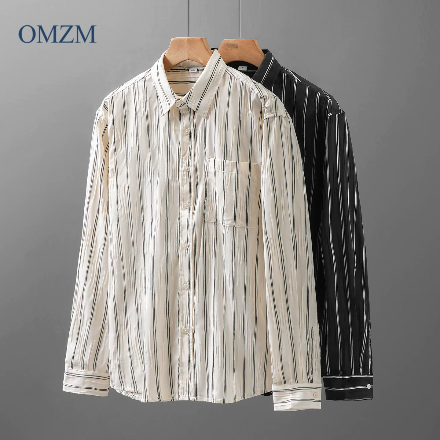 Áo sơ mi sọc dọc kiểu Mỹ OMZM dành cho nam, dài tay, thu đông, cổ điển, dáng rộng, cotton nguyên chất, thoáng khí, áo khoác cao cấp.