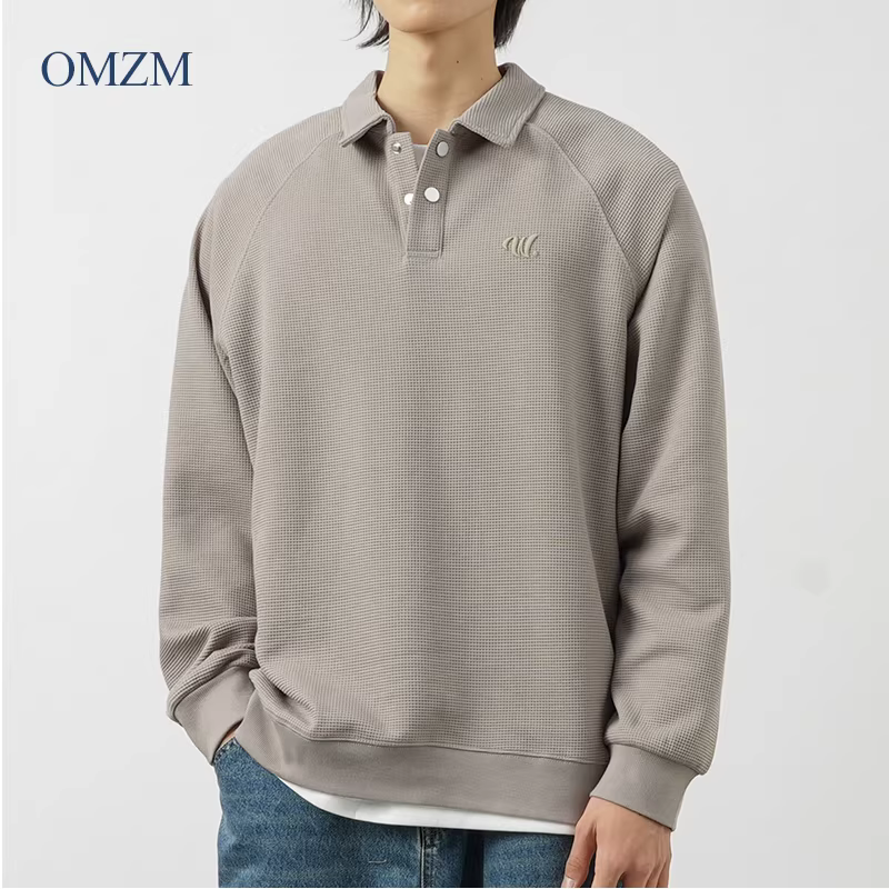 Áo thun nam OMZM kiểu Mỹ, chất liệu vải waffle dày 340G, cổ áo kiểu polo thêu, dáng rộng, mùa thu, áo lót dài tay