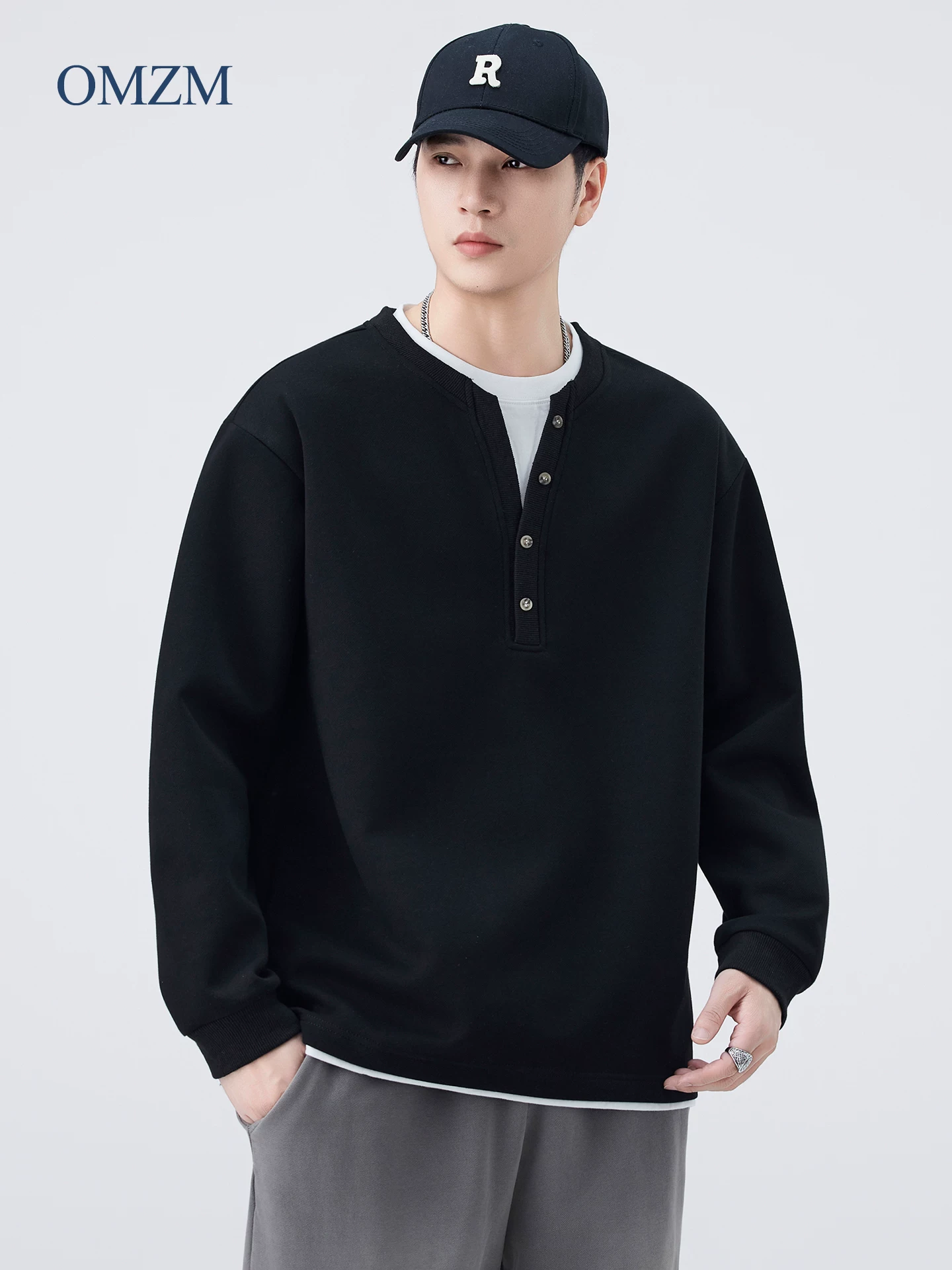 Áo nỉ lông cừu hạng nặng OMZM dành cho nam, phong cách mùa đông kiểu Mỹ, dày dặn và ấm áp, áo lót bên trong, tay áo dài ghép hai mảnh giả.