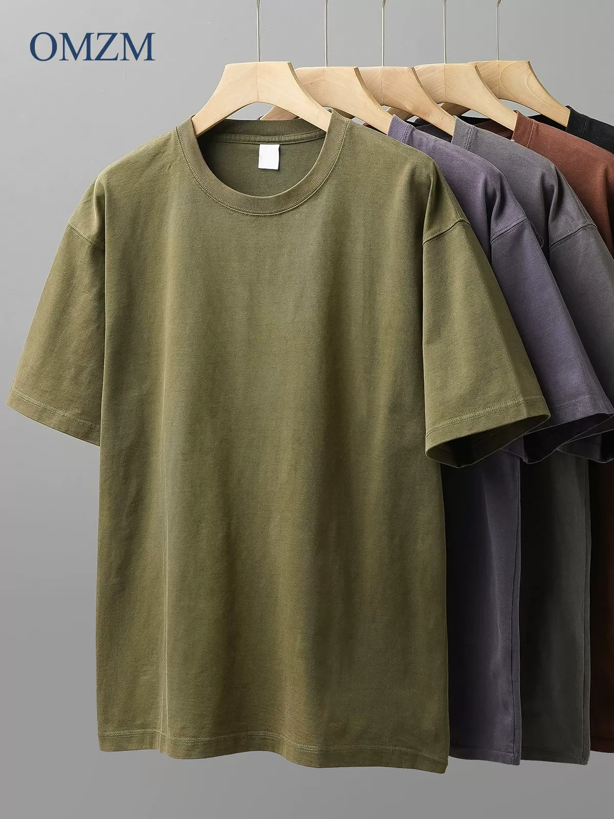 Áo thun nam màu xanh quân đội 320G, chất liệu cotton nguyên chất, tay ngắn, kiểu dáng mùa hè, phong cách retro Mỹ, cổ tròn, màu trơn, kiểu dáng cũ kỹ, nửa tay.