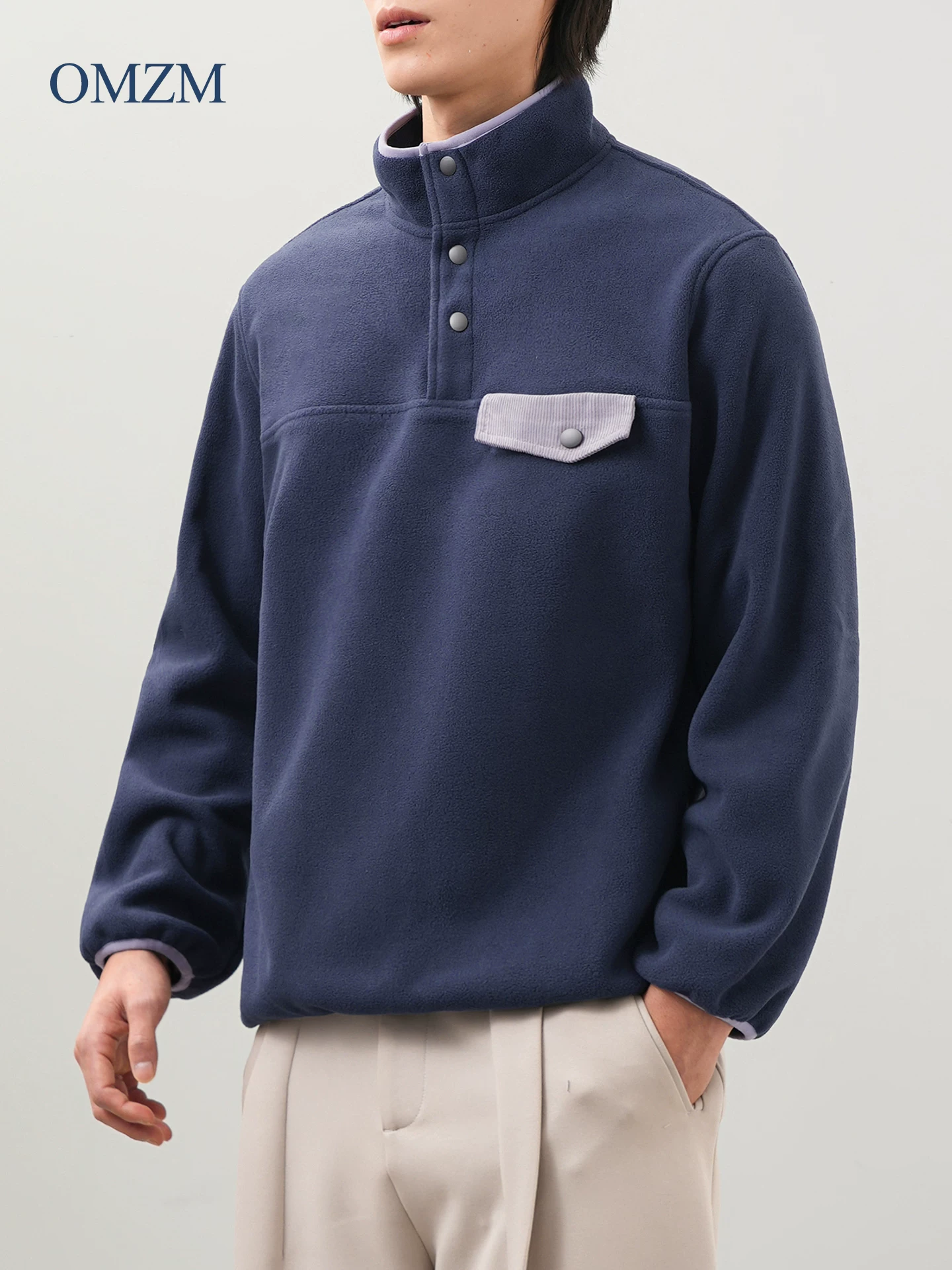 Áo nỉ cổ đứng hai mặt OMZM dành cho nam, lớp bên trong ấm áp lót lông cừu phong cách Mỹ mùa đông, áo sơ mi Henley phối màu