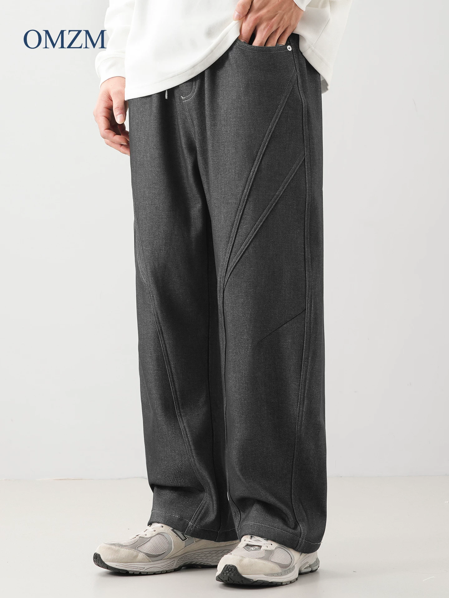 Quần denim lót lông cừu nặng OMZM480G dành cho nam, quần cargo ống rộng ống thẳng mùa thu đông, quần thường ngày dày dặn và ấm áp.