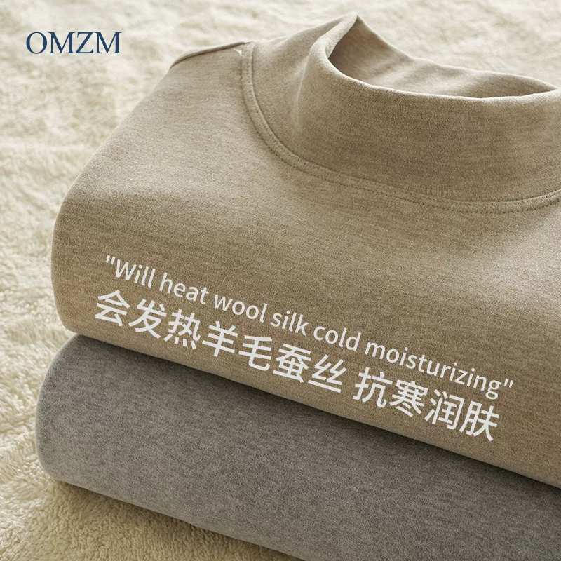 Áo sơ mi cổ cao nửa cổ bằng vải nhung OMZM dành cho nam, áo thun dài tay dày dặn ấm áp hai mặt nhung dày dặn mùa đông