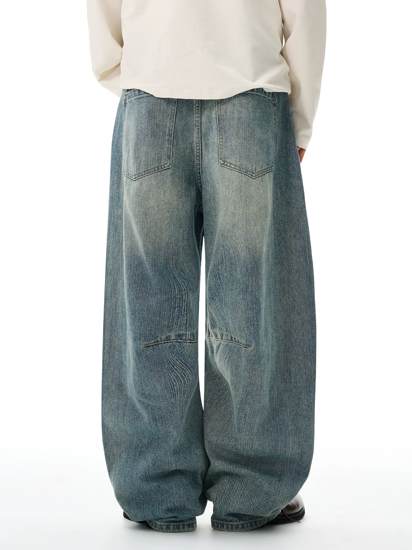 Quần jean nam OMZM retro giặt mài, kiểu dáng mùa đông, chất liệu kaki, dáng rộng, ống thẳng, phong cách Mỹ, phối vải, kiểu dáng quần lửng.