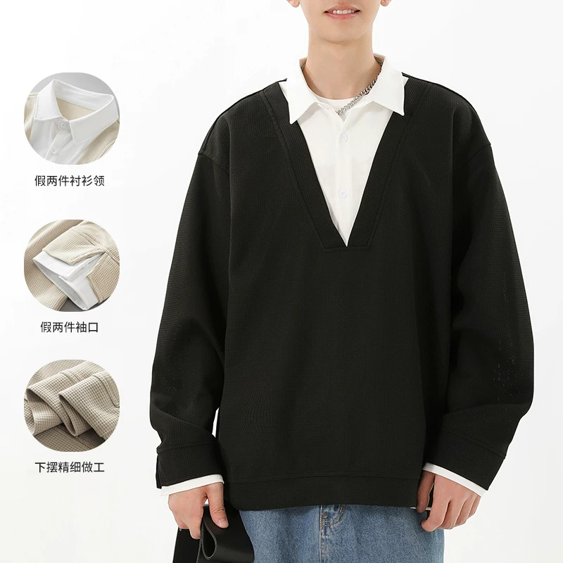 Áo sơ mi POLO dài tay giả hai mảnh kiểu Mỹ dành cho nam, áo chui đầu cổ áo chắp vá mùa xuân, áo len dệt kim cao cấp