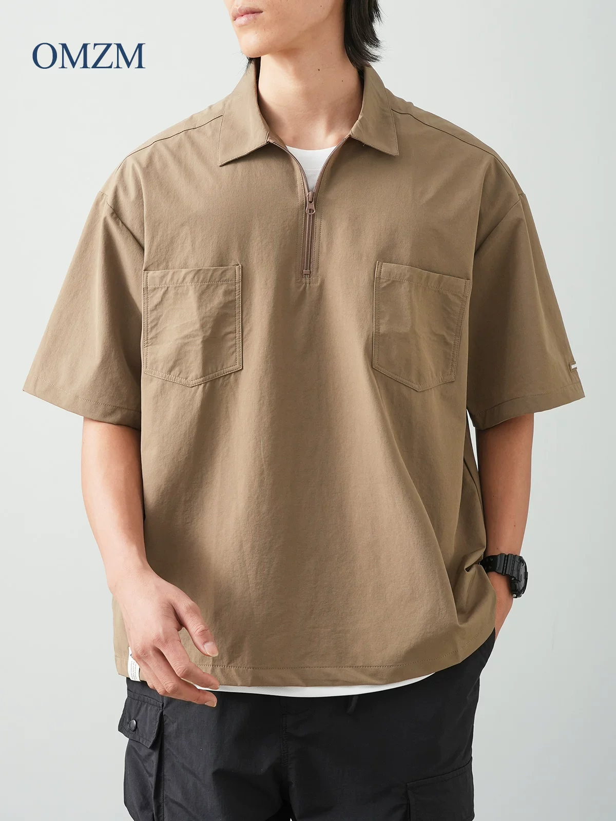 Áo sơ mi POLO chất liệu lụa đá OMZM nhanh khô, kiểu dáng mùa hè dành cho nam, phong cách núi non cổ điển, dáng rộng, có túi, tay ngắn