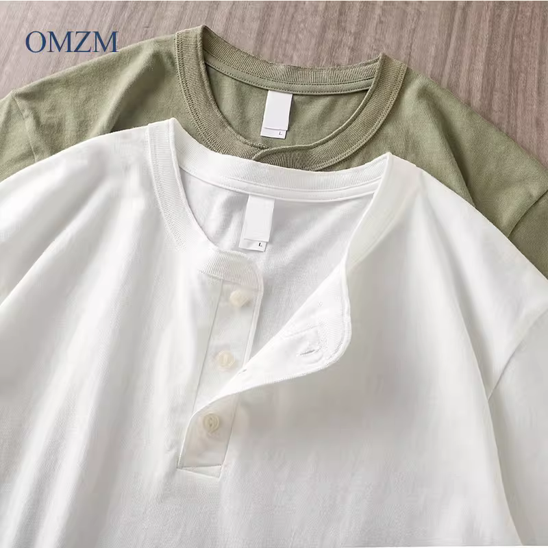 Áo thun nam tay ngắn cổ henley kiểu Mỹ OMZM 300G, chất liệu cotton nguyên chất, màu trơn, phong cách vintage, mùa hè.