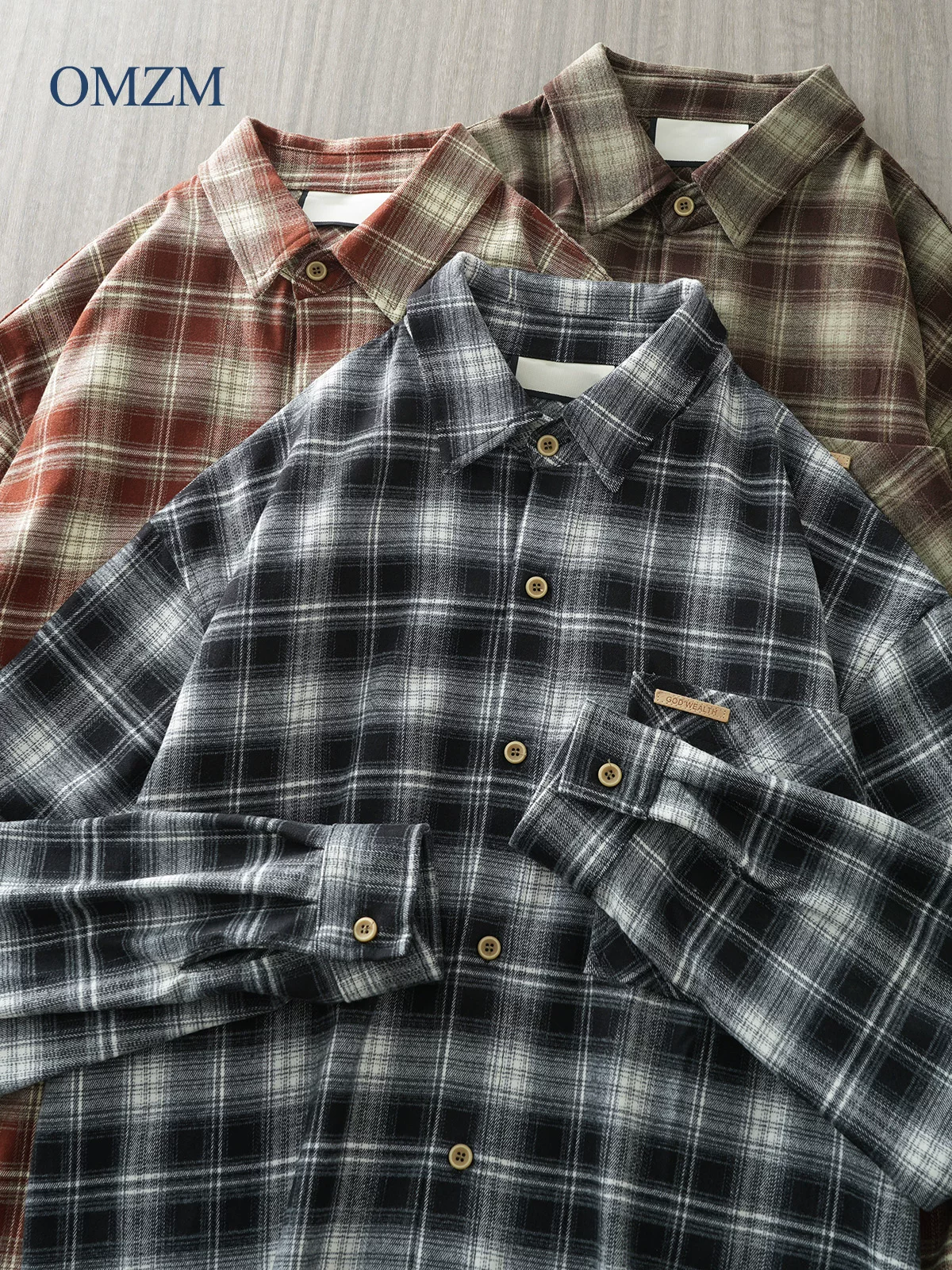 OMZM hạng nặng flannel kẻ sọc dài tay áo sơ mi nam mùa thu Mỹ retro áo sơ mi giản dị áo khoác công sở áo khoác