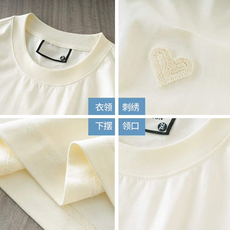 Áo thun chống nắng mát lạnh 320g dành cho nam và nữ, tay ngắn làm mát nhanh bằng vải lụa đá, áo thun mùa hè dày dặn thêu hình trái tim cổ tròn tay ngắn dành cho cặp đôi