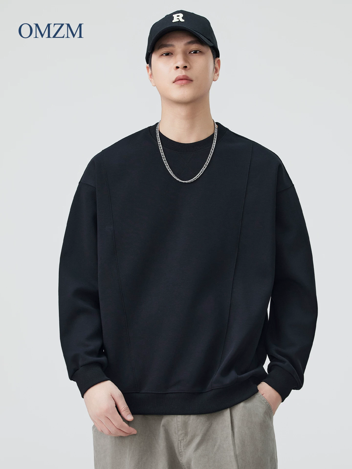 Áo nỉ cổ tròn hạng nặng OMZM380G dành cho nam, thiết kế mùa thu với kiểu ghép mảnh phá cách, áo khoác không mũ rộng rãi.