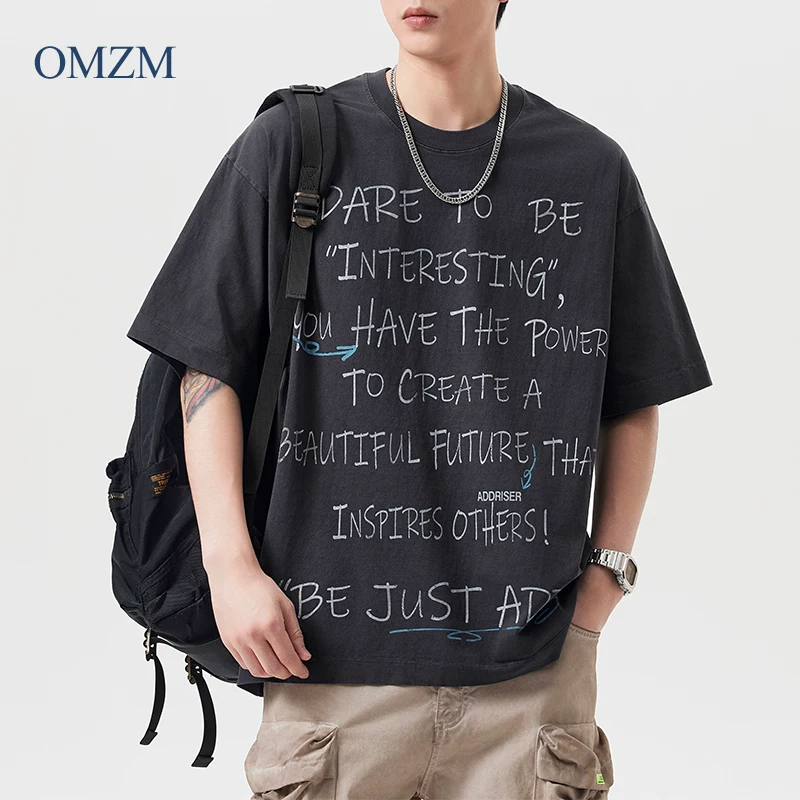 Áo thun ngắn tay bằng cotton nguyên chất hạng nặng OMZM260G dành cho nam, phong cách cổ điển đường phố cao cấp mùa hè, áo thun cao cấp mát mẻ và đẹp trai.