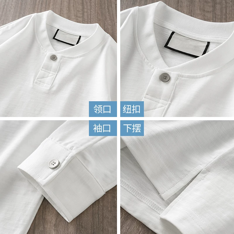 Áo thun dài tay bằng vải cotton tre nặng 320G kiểu Mỹ dành cho nam, áo sơ mi cổ điển bằng cotton nguyên chất mùa xuân và mùa thu, áo len cổ bóng chày màu trơn
