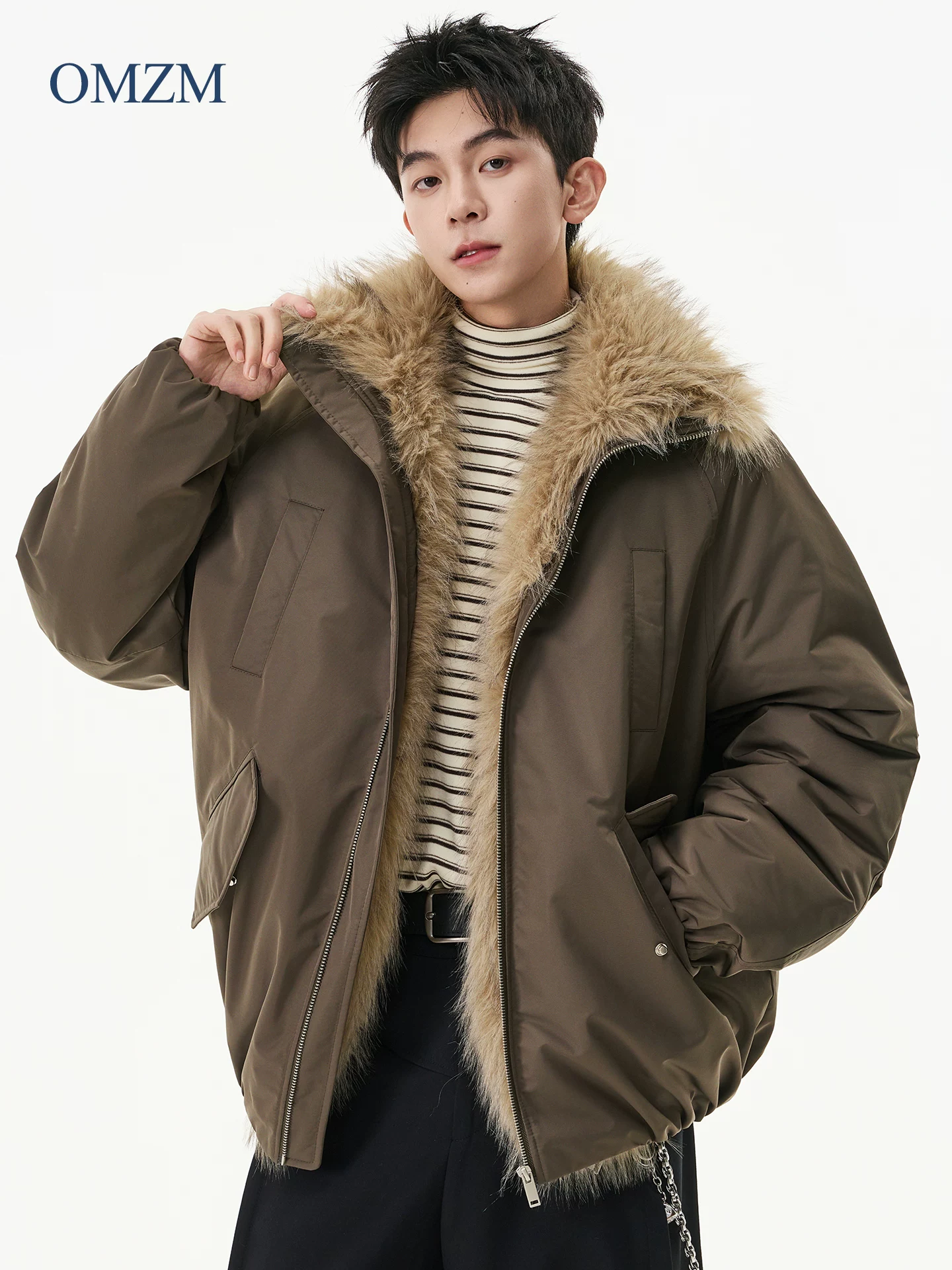 Áo khoác cotton dày dặn mùa đông kiểu Mỹ cổ điển dành cho nam OMZM có mũ trùm đầu và cổ lông, áo khoác công sở cỡ lớn