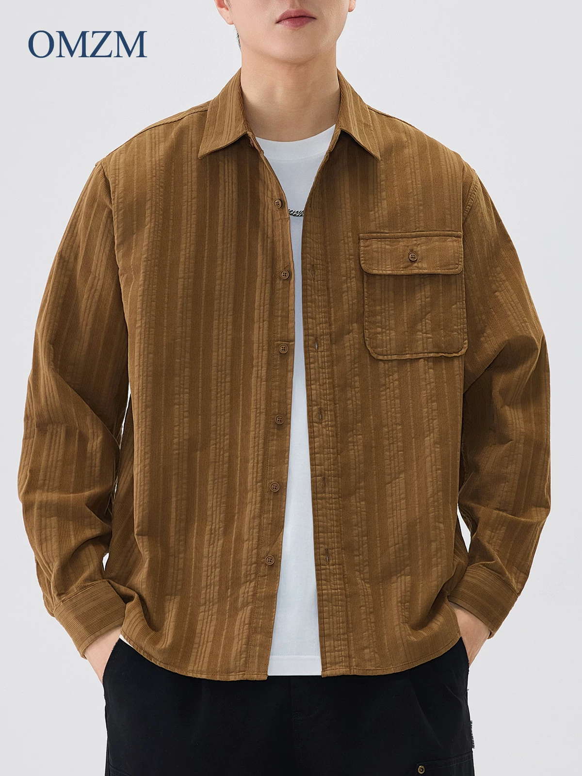 Áo khoác nhung dày OMZM dành cho nam mùa thu đông 2024, áo sơ mi nhung ấm áp, phong cách Mỹ cổ điển, áo khoác rộng rãi kiểu công nhân