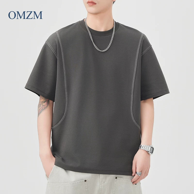 Áo thun ngắn tay hạng nặng OMZM dành cho nam, kiểu dáng chắp vá theo phong cách Mỹ mùa hè, dáng rộng, chống nhăn, áo thun cổ tròn nửa tay dành cho cặp đôi.