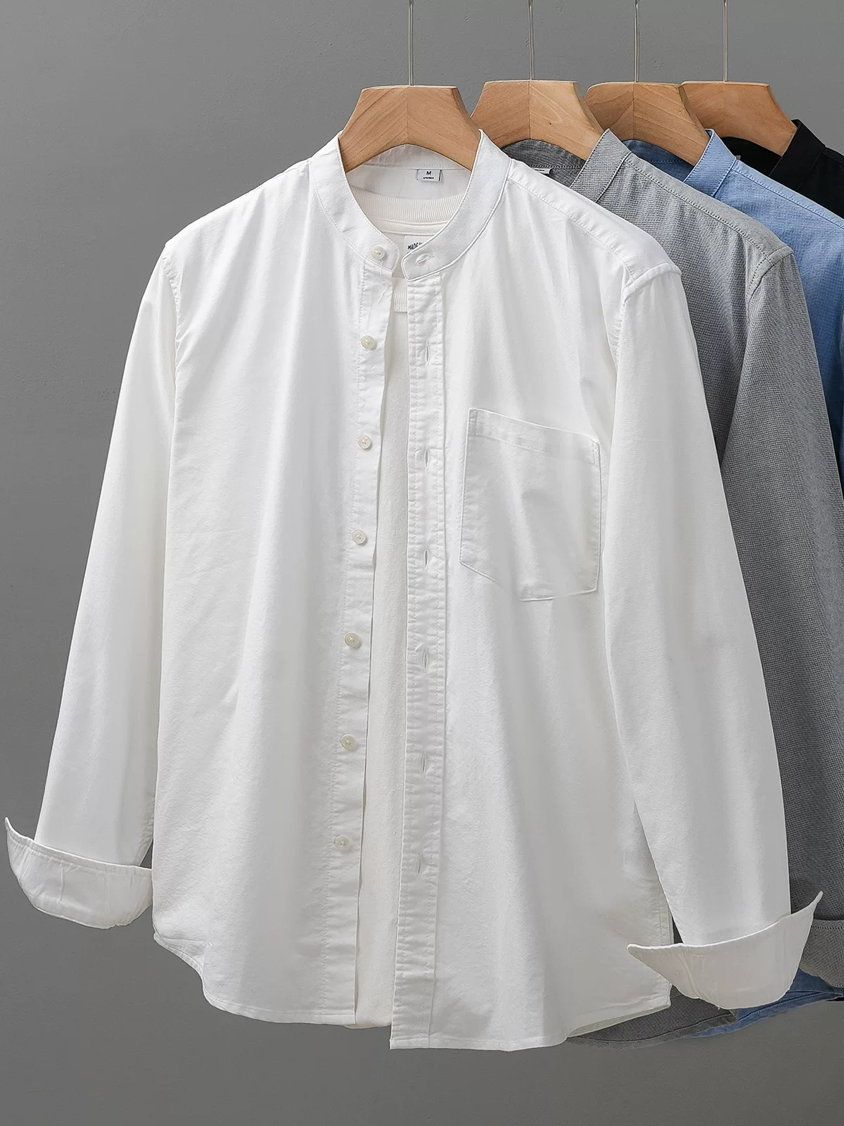 OMZM Áo sơ mi Oxford cotton nguyên chất hạng nặng kiểu Mỹ nam dài tay mùa thu áo sơ mi cổ đứng màu trắng áo khoác dáng rộng giản dị
