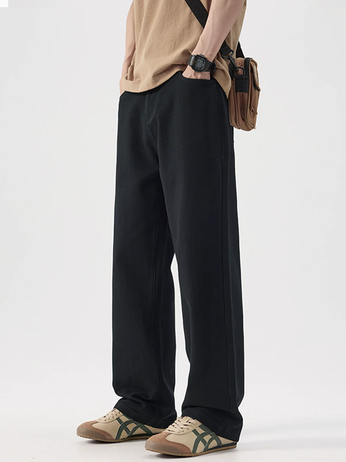 Quần dài ống đứng bằng vải cotton nguyên chất lót lông cừu hạng nặng OMZM dành cho nam, quần dài ống rộng màu kaki cổ điển kiểu Mỹ mùa thu đông