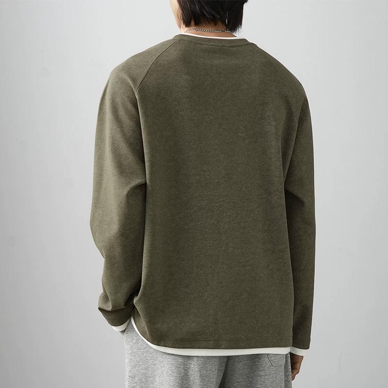 Áo thun dài tay giả hai mảnh kiểu Mỹ 320G dành cho nam, áo len cổ tròn màu trơn mùa xuân, áo lót cổ điển.