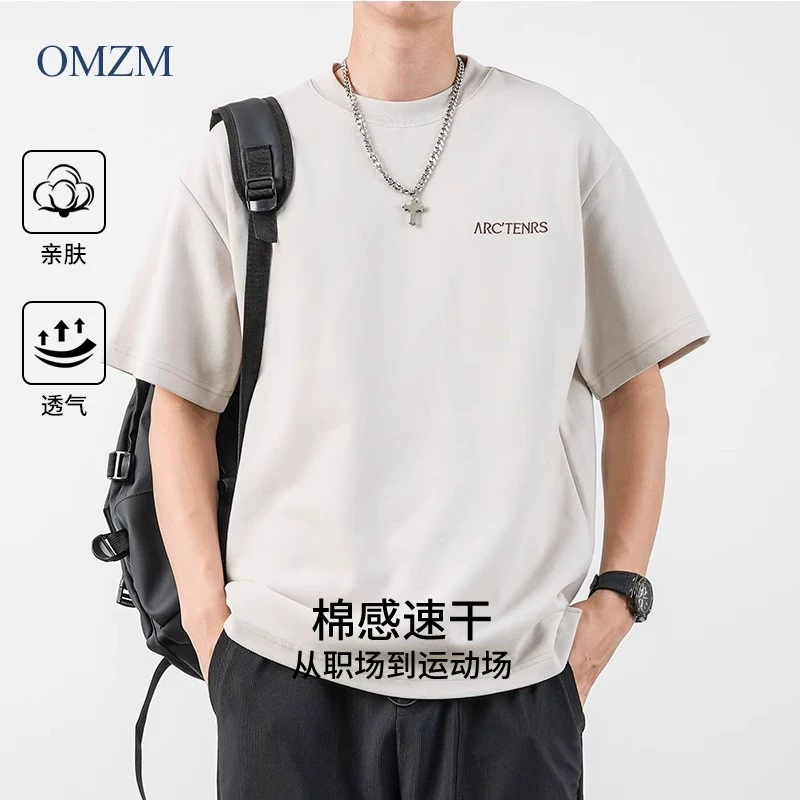 OMZM320G hạng nặng nguyên chất cotton áo thun ngắn tay nam mùa hè thêu chữ Mỹ nửa tay cổ tròn áo thun dáng rộng
