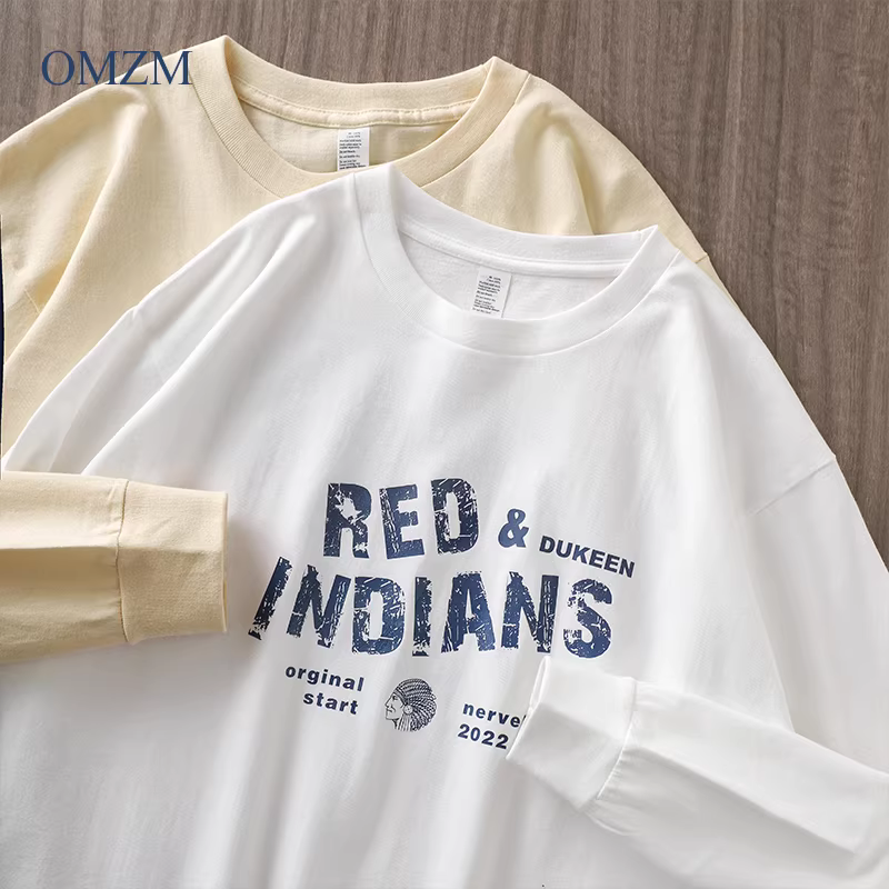 OMZM Áo thun dài tay in hình hạng nặng 300g phong cách Mỹ dành cho nam, mùa thu Áo sơ mi cổ tròn màu trơn bằng cotton nguyên chất Tân Cương