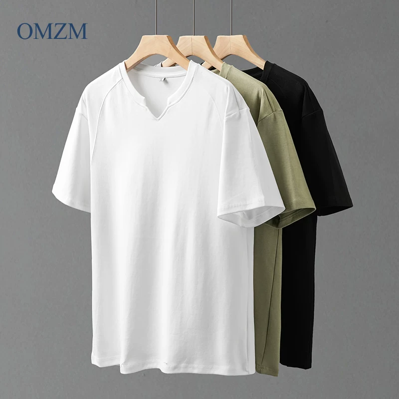 Áo thun cổ V tay ngắn chất liệu dày dặn 300G kiểu Mỹ dành cho nam và nữ, mẫu mới hè 2025 màu trắng tinh khôi, cổ tim, dáng regular