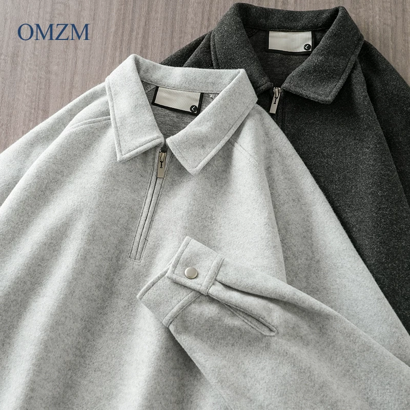 Áo len nửa khóa kéo OMZM dành cho nam, dáng rộng mùa đông, cổ bẻ, áo sơ mi POLO dài tay, áo chui đầu màu trơn ấm áp.
