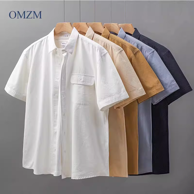 Áo sơ mi công sở nặng kiểu Mỹ OMZM dành cho nam, áo khoác ngắn tay mùa hè hợp thời trang thương hiệu cao cấp, áo sơ mi trắng cotton nguyên chất
