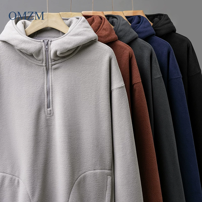 Áo khoác nỉ có mũ trùm đầu hai lớp OMZM dành cho nam, mùa thu đông 2024, lót lông dày, kiểu dáng rộng, khóa kéo nửa thân
