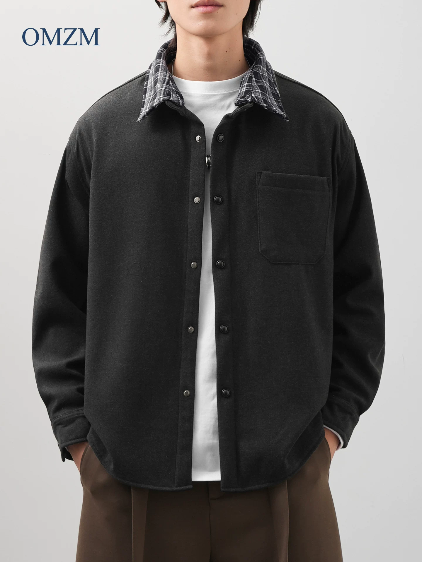 Áo sơ mi len lót lông cừu OMZM dành cho nam, áo khoác kẻ ca rô dày dặn mùa đông, áo sơ mi công sở phong cách tiền cổ điển