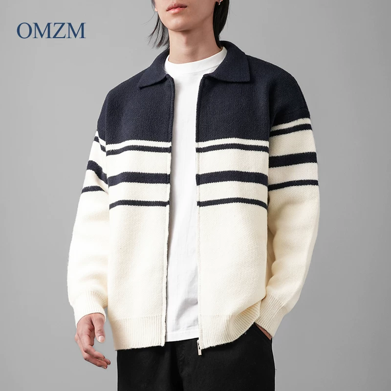 Áo len cardigan sọc dày OMZM dành cho nam, mùa đông 2024, chất liệu dệt kim dày dặn có khóa kéo, áo khoác ấm áp, phong cách thường ngày