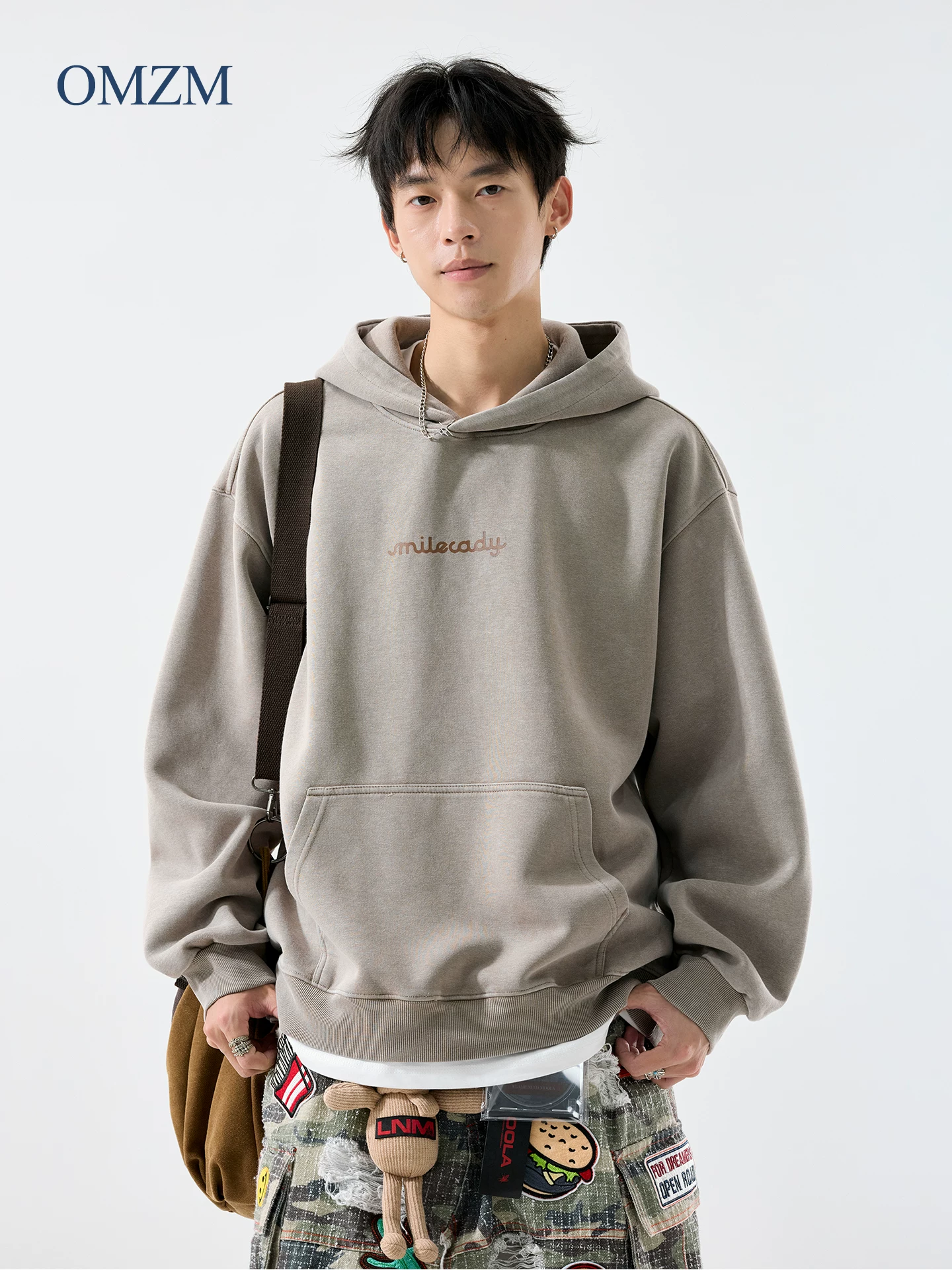 Áo hoodie nặng chất OMZM400G dành cho nam, phong cách Mỹ mùa thu, chất liệu cotton nguyên chất, in họa tiết cũ kỹ, tay dài, dáng rộng