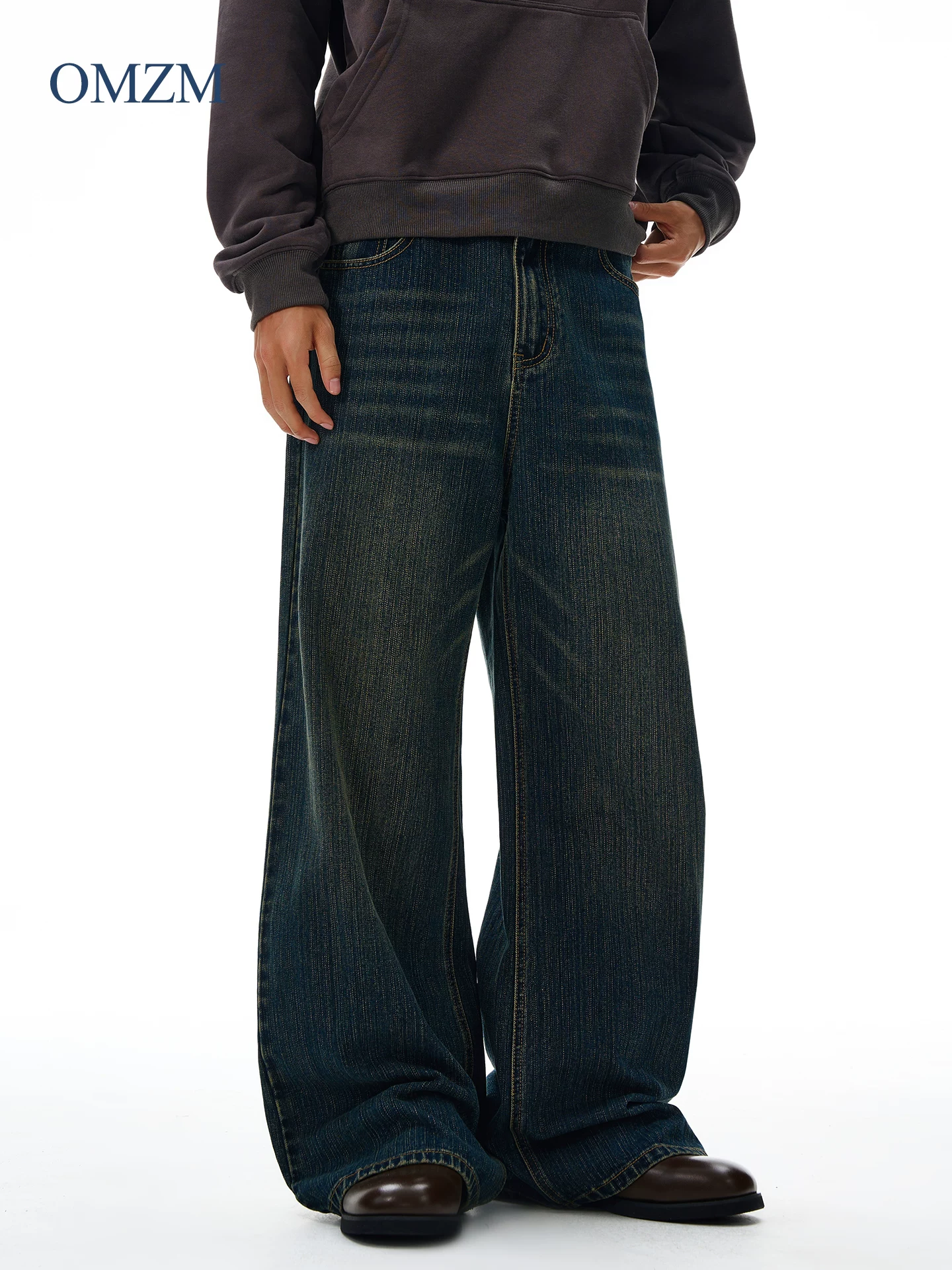 Quần jean kiểu Mỹ OMZM dành cho nam, quần ống đứng dày có họa tiết cổ điển mùa đông, quần ống rộng dài đến sàn