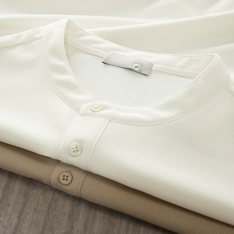 Áo thun dài tay kiểu waffle hạng nặng kiểu Mỹ OMZM dành cho nam, áo sơ mi cổ Henry màu trơn cao cấp mới mùa xuân thu