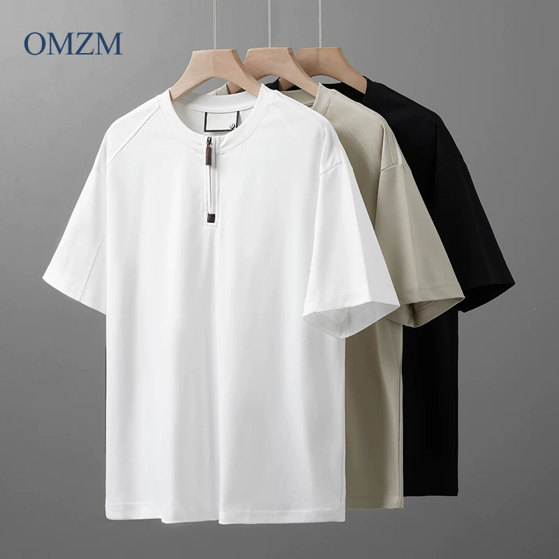 Áo thun nửa khóa kéo OMZM Modal ngắn tay dành cho nam mùa hè kiểu Mỹ dáng rộng chống nhăn cổ tròn nửa tay áo thun màu trơn