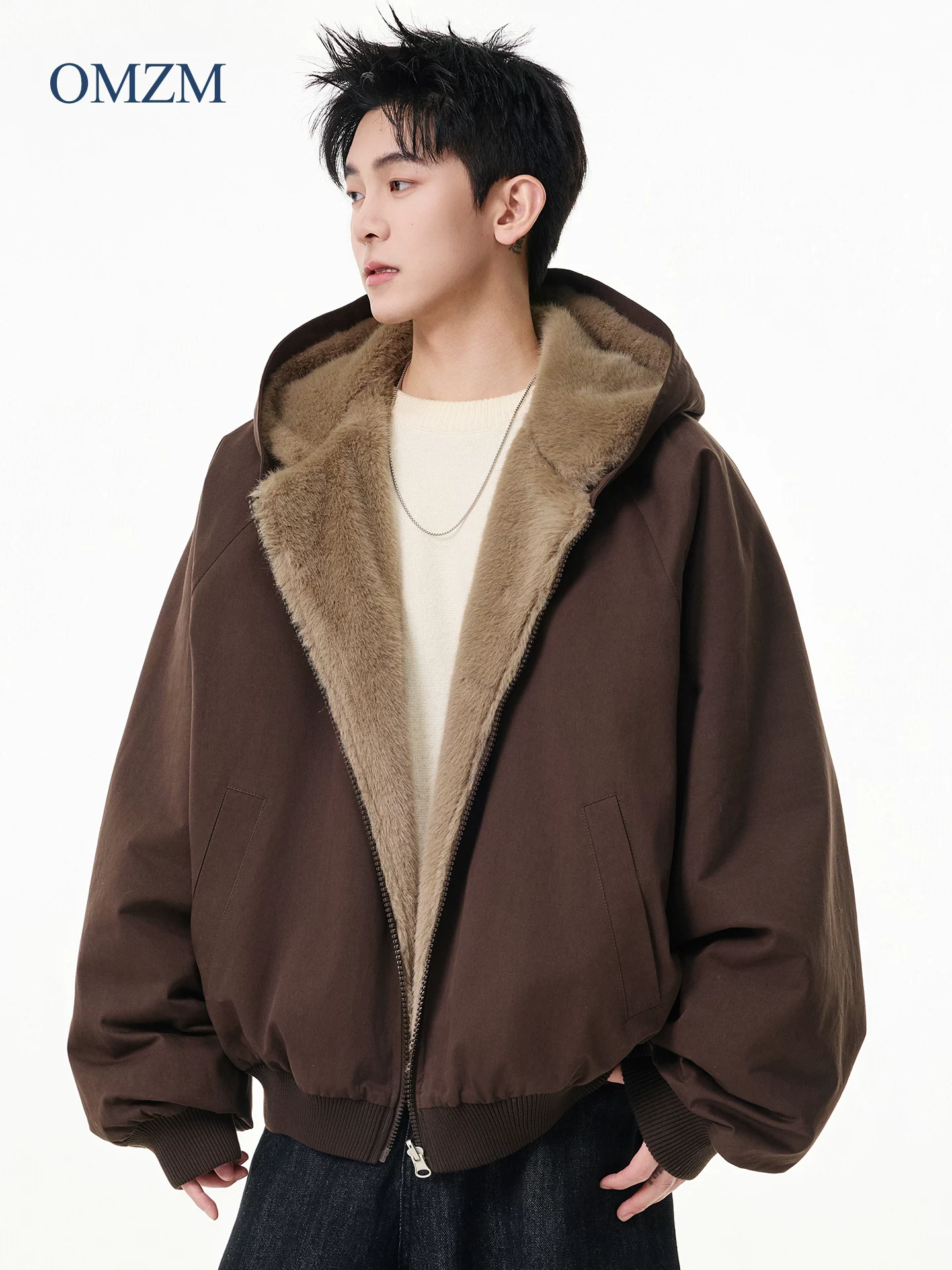 Áo khoác cotton khắc núi có thể đảo ngược OMZM dành cho nam, lót lông cừu mùa đông, dày dặn, áo khoác cotton ấm áp có mũ và cổ lông giả chồn.