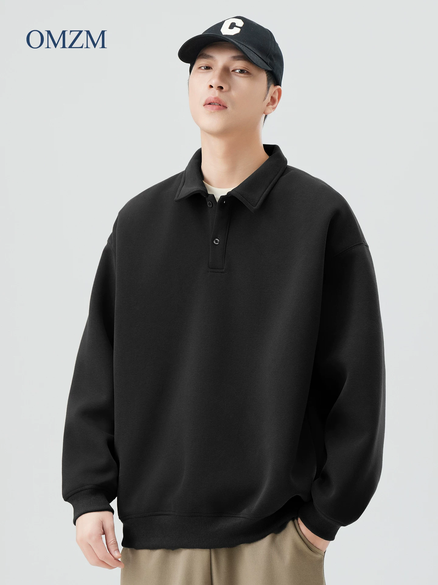 Áo nỉ có cổ kiểu Mỹ OMZM dành cho nam, áo polo dài tay dáng rộng cao cấp mùa thu đông, áo sơ mi trơn màu dành cho nam.