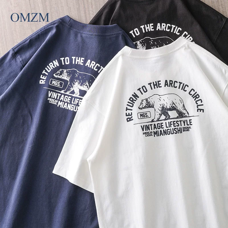 Áo thun ngắn tay bằng cotton nguyên chất hạng nặng OMZM320G dành cho nam, áo thun in hình gấu nâu phong cách Mỹ mùa hè, áo sơ mi cổ tròn, nửa tay