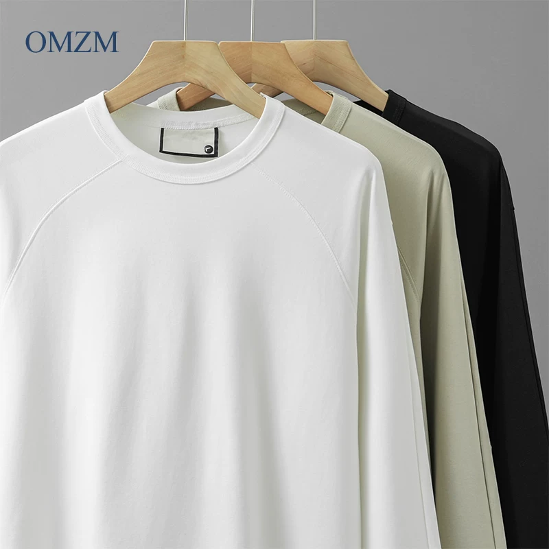 Áo thun dài tay modal hạng nặng OMZM270G dành cho nam và nữ, mùa xuân thu, dệt ba sợi, cổ tròn, áo sơ mi màu trắng tinh khiết.