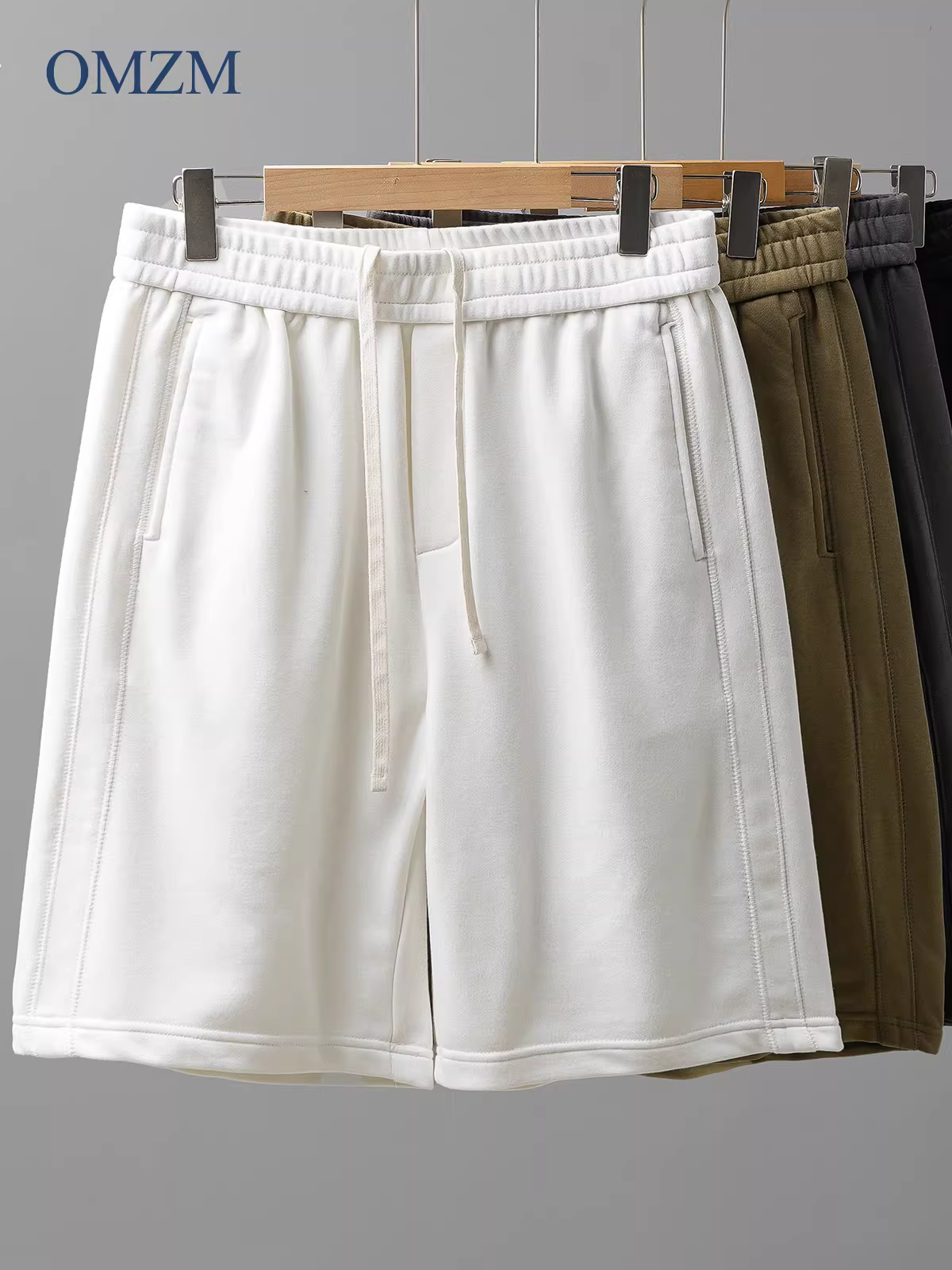 Quần short thể thao hạng nặng kiểu Mỹ OMZM dành cho nam, thiết kế mùa hè có sọc dọc bên hông, quần short thường ngày dài vừa phải màu trơn.