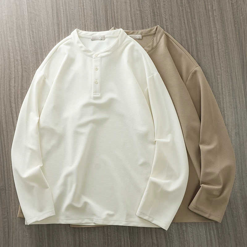 Áo thun dài tay kiểu waffle hạng nặng kiểu Mỹ OMZM dành cho nam, áo sơ mi cổ Henry màu trơn cao cấp mới mùa xuân thu